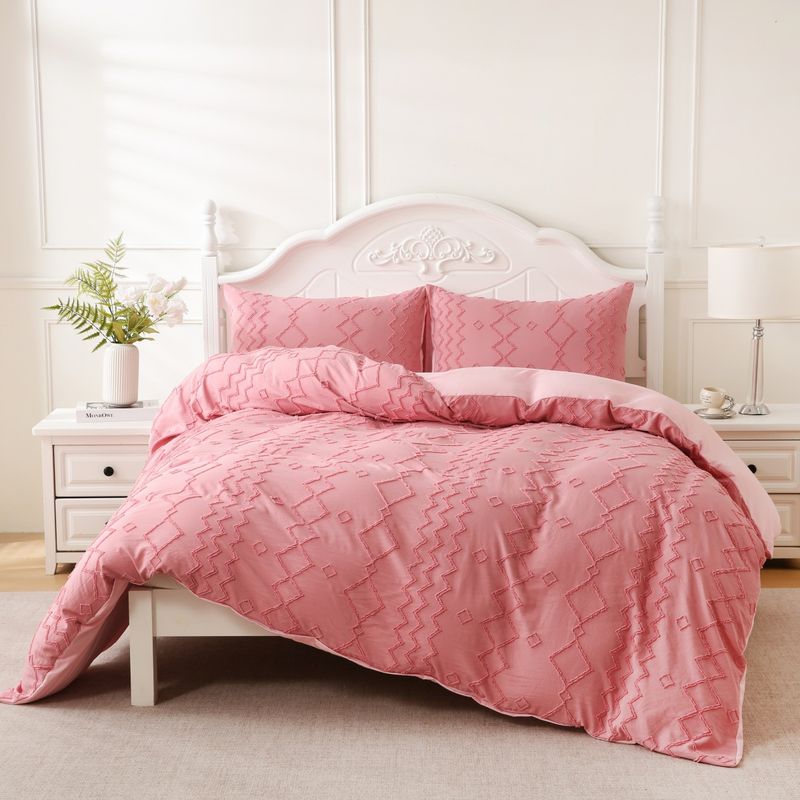 Nordisches geometrisches Bettbezug-Set – 3-teilige Jacquard-Bettwäsche mit altrosa Rautenmuster, Spannbettlaken-Stil_voghion.com