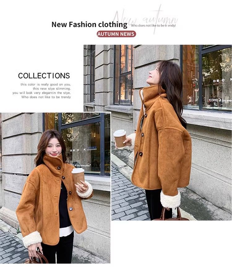 Cappotto in pelle di pecora scamosciata color cachi per donna, autunno e inverno 2024, nuova giacca in cotone foderata in pile_voghion.com