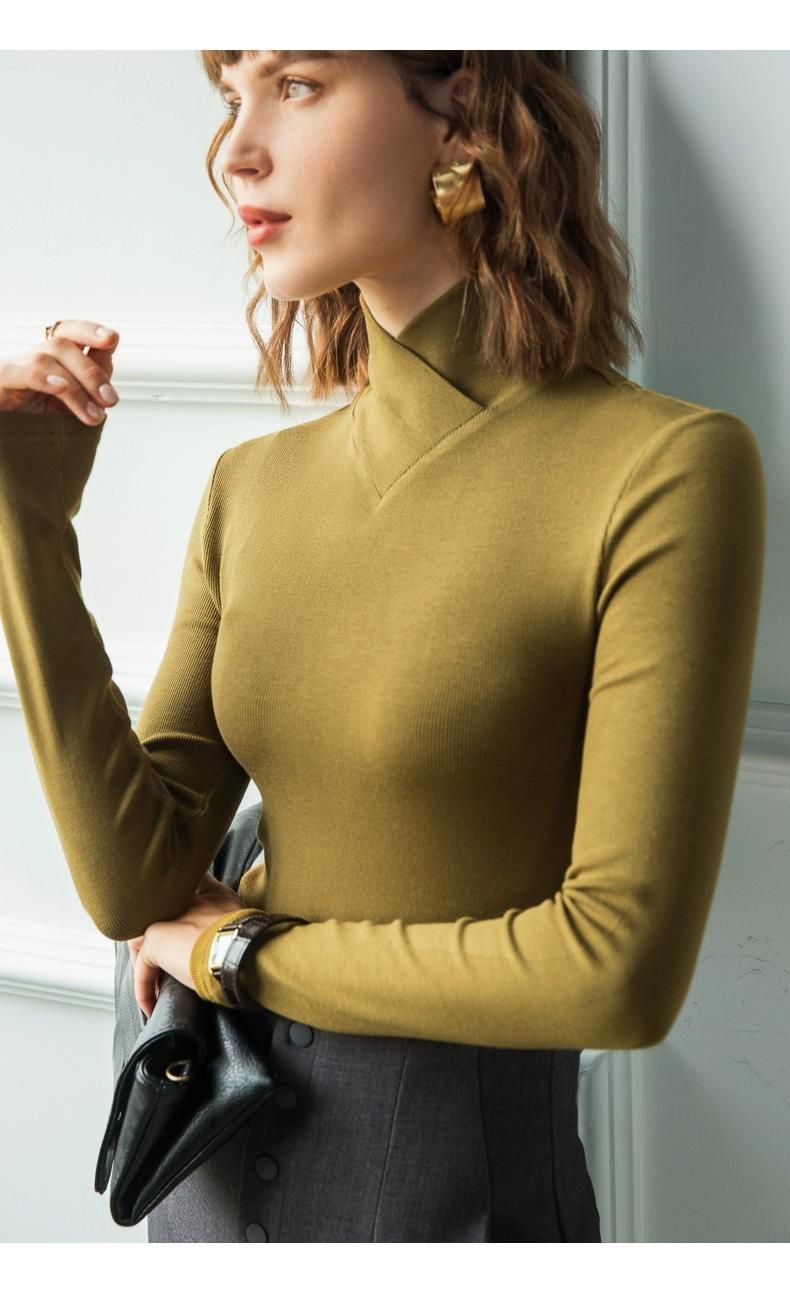 Maglia termica a collo alto a maniche lunghe da donna, vestibilità slim, in morbido tessuto a coste francesi, traspirante e calda, essenziale per l'autunno e l'inverno._voghion.com