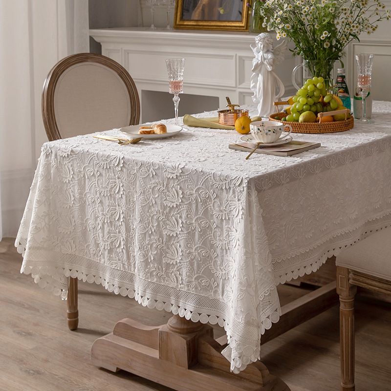 Lace Tablecloth White Dining Tablecloth Embroidered Trim Rectangular Coffee Tablecloth_voghion.com