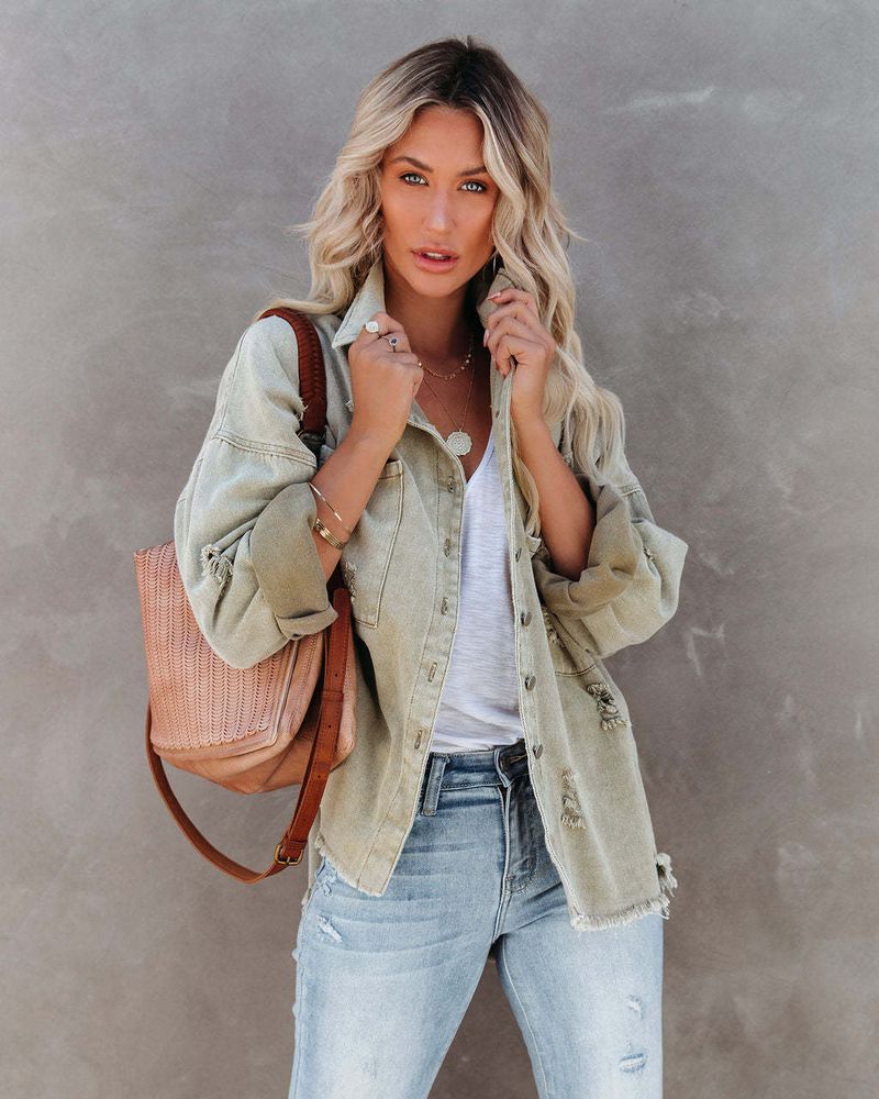Oversize-Jeansjacke für Damen – Lässiger, langärmliger Distressed-Mantel in Unifarben_voghion.com