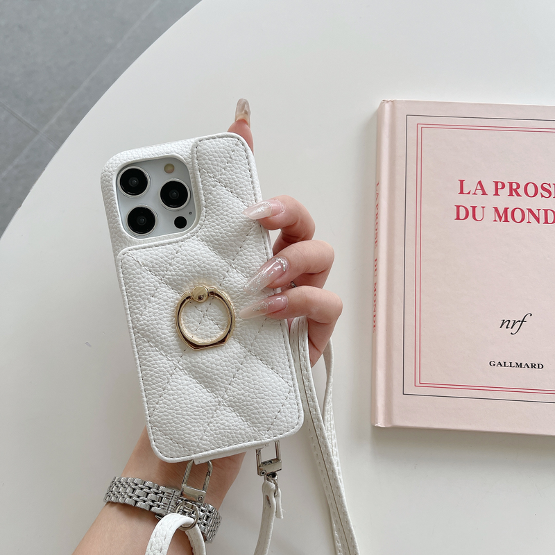 Mobile phone case for iPhone15 mobile phone case Apple 14pro max rhombus card ring buckle bracket diagonal span mobile phone case_voghion.com