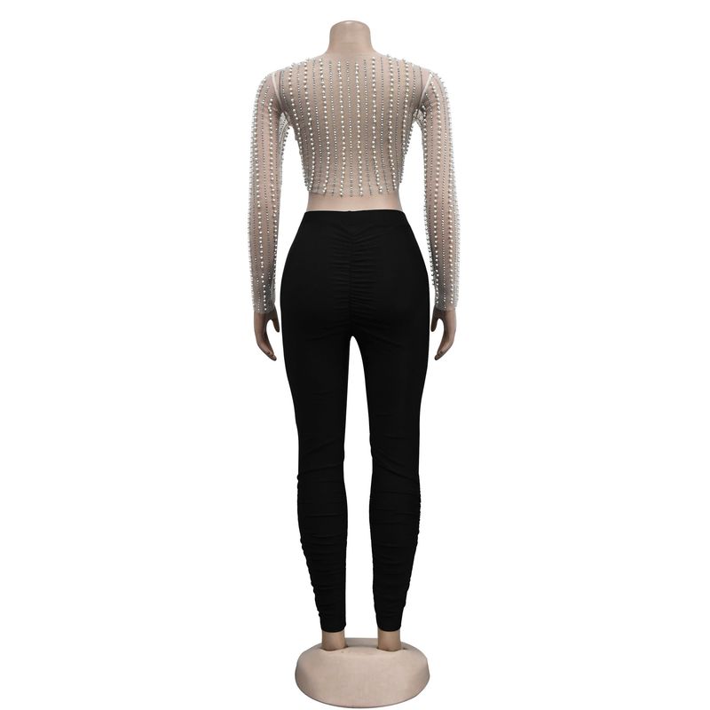 Women's Clothingn fashion women's solid color mesh hot diamond bubble bead long-sleeved top one-piece set_voghion.com