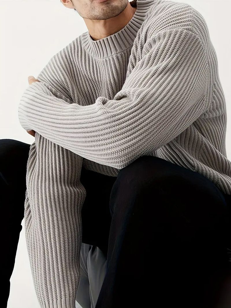 Men’s Oversized Knit Sweater - Relaxed Crewneck Pullover In Soft Gray (L/XL/2XL/3XL)_voghion.com