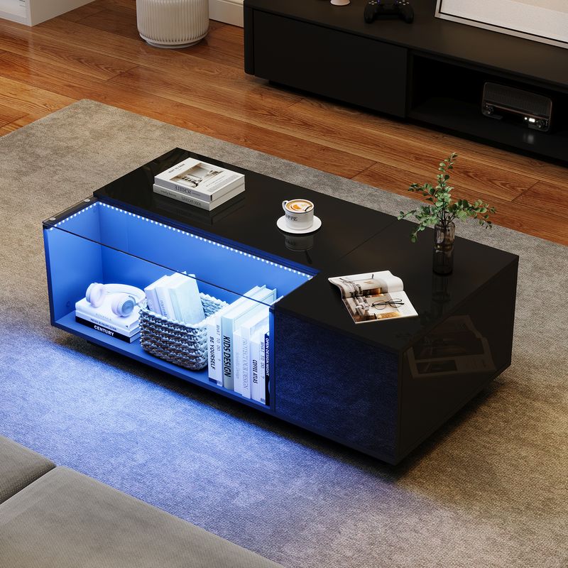Table basse LED 100 x 50 x 35 cm avec rangement, table de salon en verre noir brillant avec 2 tiroirs, table d'appoint de canapé moderne_voghion.com