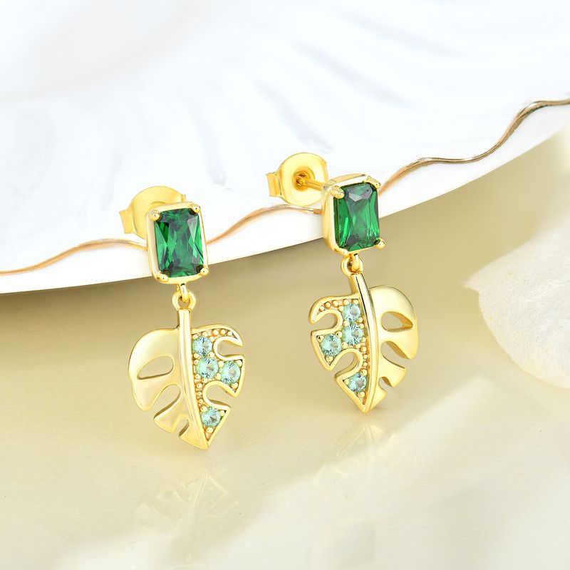 Orecchini ganci per le orecchie orecchini in argento sterling placcati oro con foglia di zircone verde per le donne_voghion.com