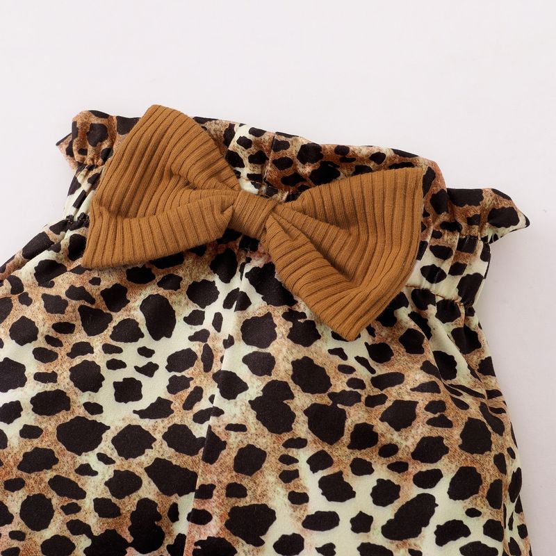 Roupas infantis, macacão justo de manga comprida com nervuras e calças com estampa de leopardo, primavera e outono_voghion.com