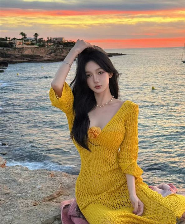 Strandurlaub Bikini Cover-Up Hohl Häkeln Strickkleid Langarm_voghion.com