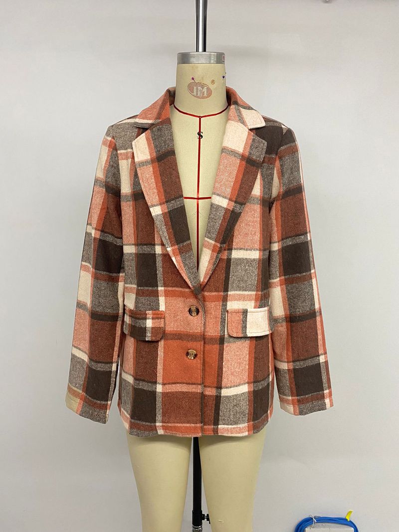 Women's Clothing Casual Retro Loose Brushed Plaid Blazer For Women - Oversized Office & Street Style Polyester Blend Long Sleeve Jacket_voghion.com