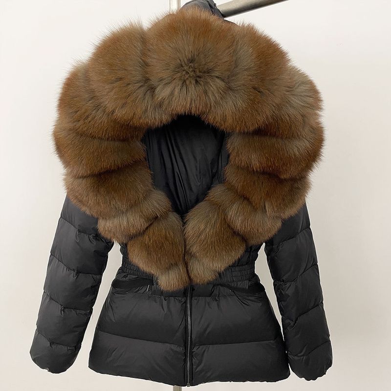 Luxury Faux Fur Trim Hooded Down Jacket For Women, Slim Fit Waist Belt, Warm Winter Coat With Detachable Fox Fur Collar, Polyester Shell_voghion.com