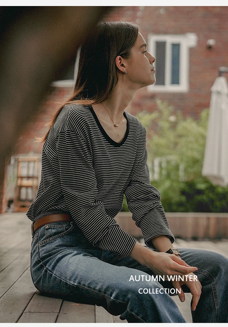 2023 Korean Style Color-Block Striped Long Sleeve T-Shirt Autumn New Casual Top Women's Loose Pullover Base Shirt_voghion.com