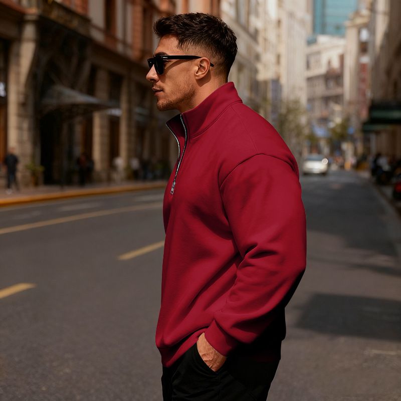 Felpa con cappuccio in pile casual da uomo con collo alto e mezza cerniera - Vestibilità ampia, calda e confortevole, taglia europea_voghion.com