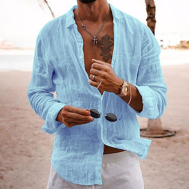 2023 New Men's Shirt Solid Color Loose Single-Breasted Turn-Down Collar Cotton Linen Long Sleeve Top_voghion.com