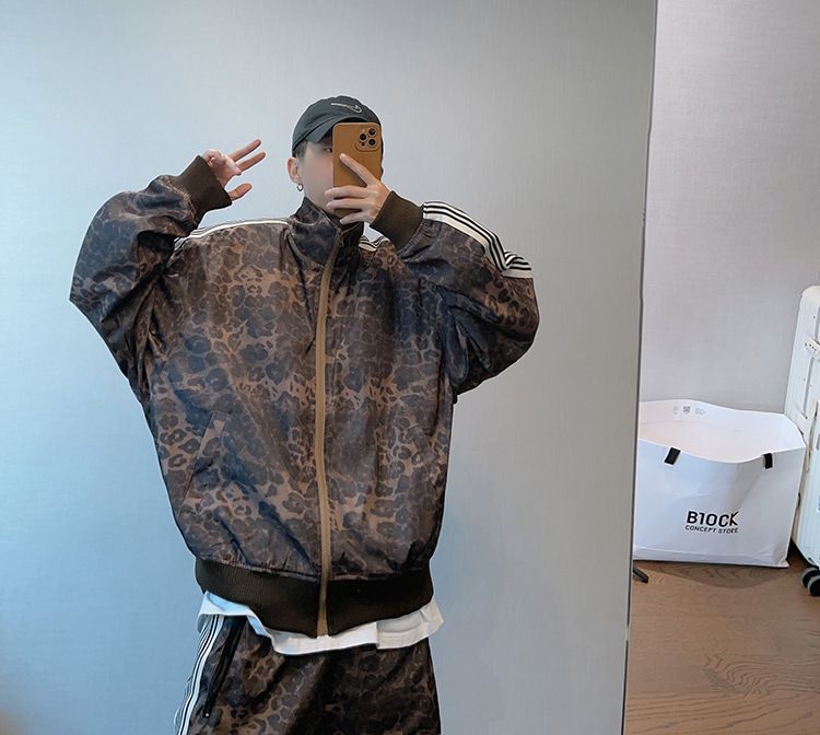 Men's Vintage Side Stripe Leopard Print Casual Suit Set - Retro Maillard Jacket & Pants Outfit For Stylish OOTD_voghion.com