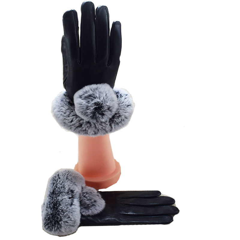 Gants d'hiver chauds en cuir à doigts fendus pour femme, en fourrure de lapin Rex et peau de mouton, pour écran tactile_voghion.com