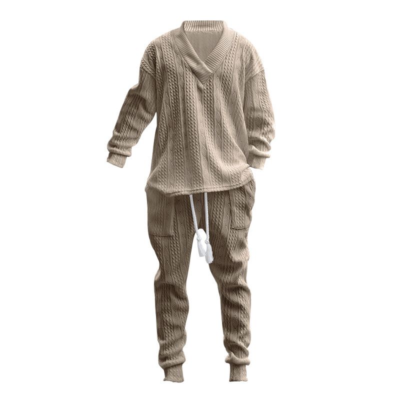 2 Fashionable Men's Casual Trousers V-neck Versatile Jacquard Knitted Sweater Men's Autumn Suit_voghion.com