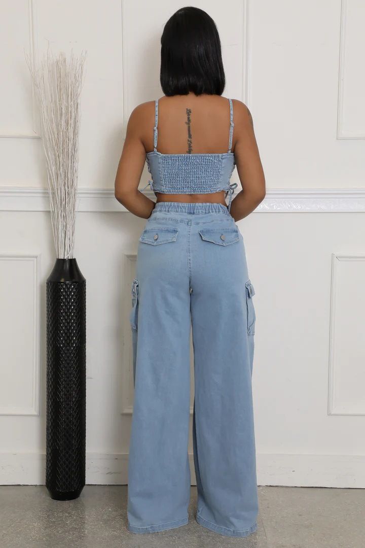Mode Hosenträger Tube Top Denim Top Tasche Gerade Arbeitskleidung Damen Jeans Anzug_voghion.com