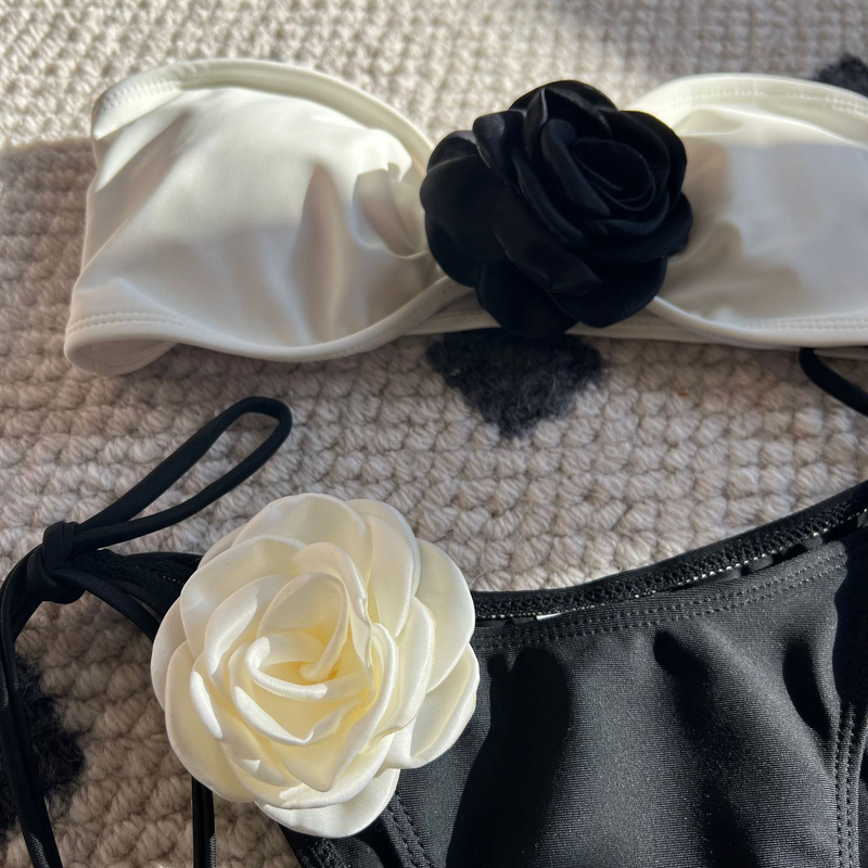 Dameskleding Kleur bijpassende rozen tube top met trekkoord bandjes split badpak bikini_voghion.com