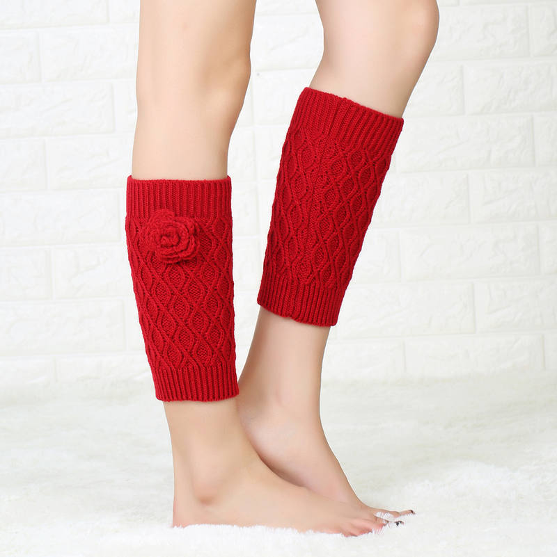 Women's autumn and winter new woolen socks, handmade flower middle sleeves, knitted warm boots, leg protectors_voghion.com