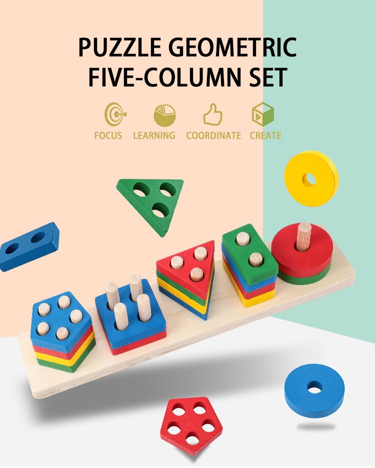 Montessori fa geometriai alakzat öt oszlopkészlet blokkok összeszerelése gyermekek felvilágosodás korai nevelés puzzle játékok_voghion.com