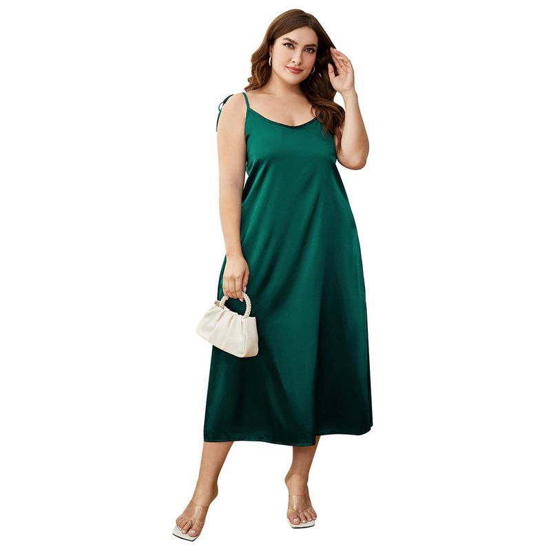 Plus Size Satin Nightgown For Women - Summer V-Neck Camisole Sleep Dress With Adjustable Straps & Cooling Polyester Fabric (1XL-4XL, Golden/Green)_voghion.com
