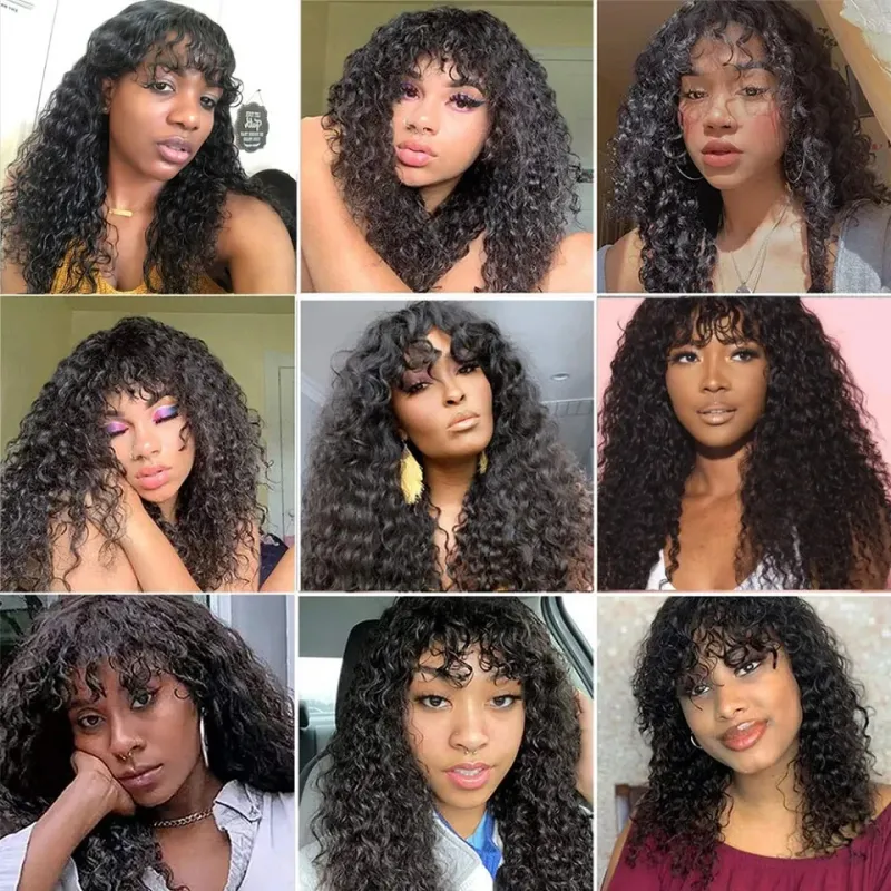 Glueless Water Wave Brazilian Human Hair Wig With Bangs Full Machine Made Wigs for Black Women Deep Wave Curly Wigs On Promotion_voghion.com