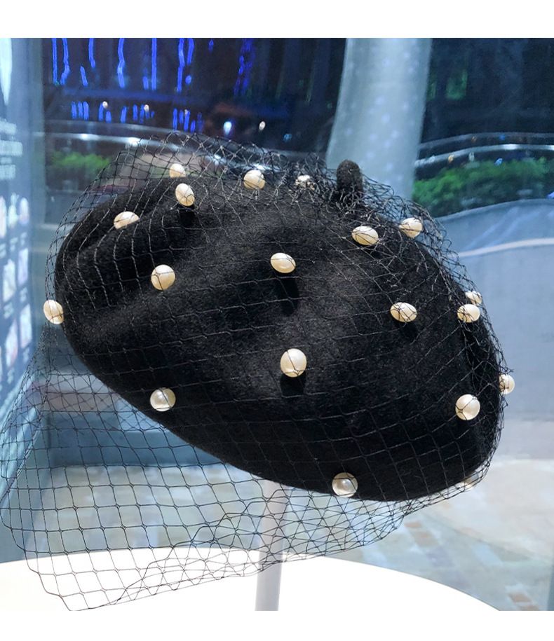 Heißer Verkauf Chic Wollmischung Vintage London mit Schleier Mesh Show Doppelschicht Damen Baskenmütze Beanies Caps Gorro für Ladys Bankett_voghion.com