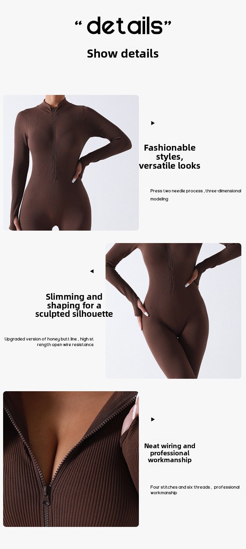 Cross-Border Autumn Winter Threaded Zipper Yoga Without Chest Pad Sports Training Tight Jumpsuit With Thumb Holes_voghion.com