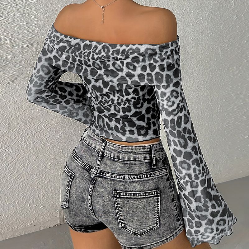Damenbekleidung Sommer Sexy One-Shoulder Langarm-Nabel-Baring-Leoparden-Print-Top Sexy Hot Girl Bottoming Shirt_voghion.com
