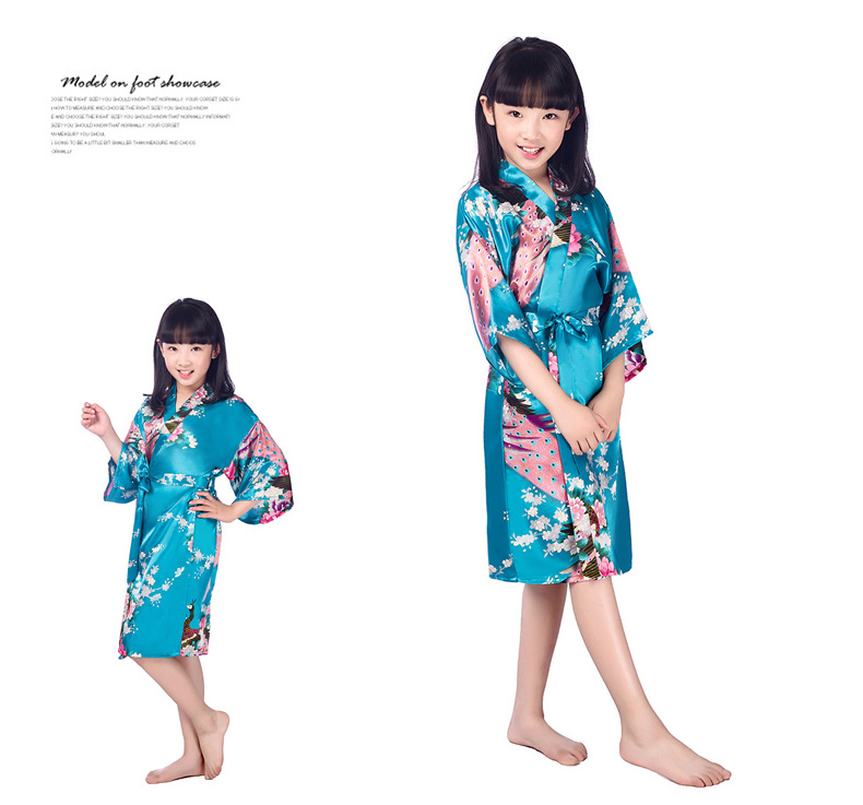 Peacock Peony Printed Children's Nightgown, Summer Girl Long Ice Silk Thin Style, Home Bathrobe Cardigan Design--Size 6 (90-100cm)_voghion.com