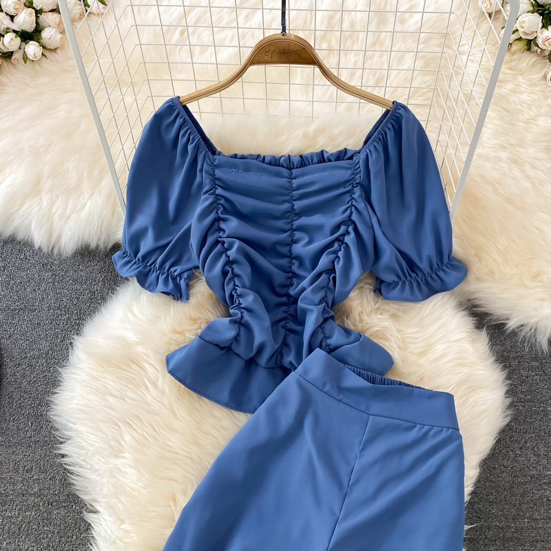 Pantalon décontracté pour femmes, taille haute, drapé, jambes larges, ensemble deux pièces, col carré, chemise courte et slim_voghion.com