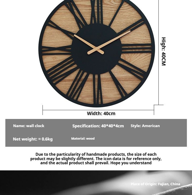 Luova retro puinen hiljainen kello olohuoneen seinäkelloon, kevyt ylellinen rautapuinen seinäkello_voghion.com