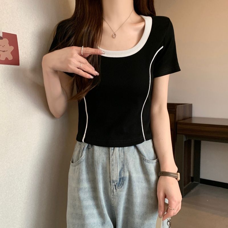 Shoulder sleeved T-shirt for women in summer, unique and chic color blocking, square neck shirt with contrasting colors,_voghion.com
