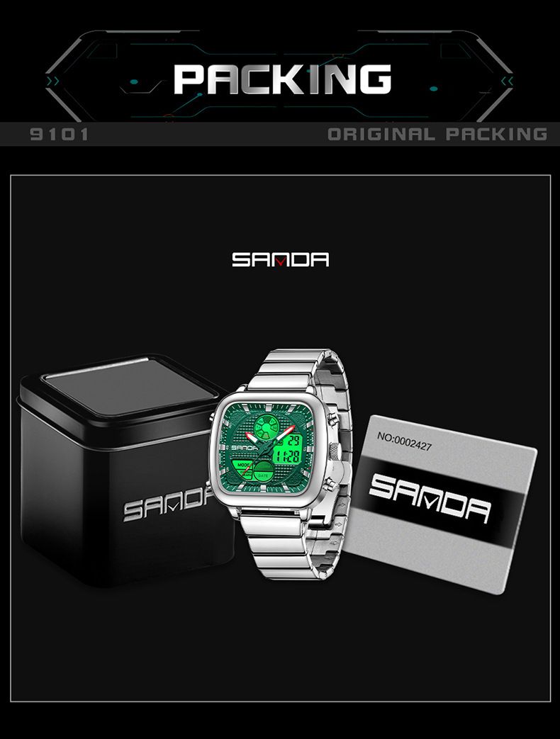 Digitaal analoog quartzhorloge voor heren met dubbel uurwerk, waterdicht, lichtgevend, roestvrijstalen band, alarm, stopwatch, dag-datumweergave_voghion.com