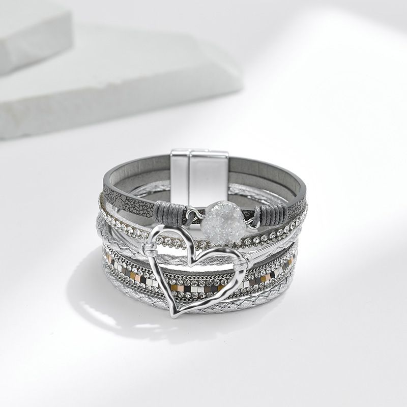 Set di bracciali a strati bohémien - Bracciale rigido regolabile a cuore aperto e catena con perline_voghion.com