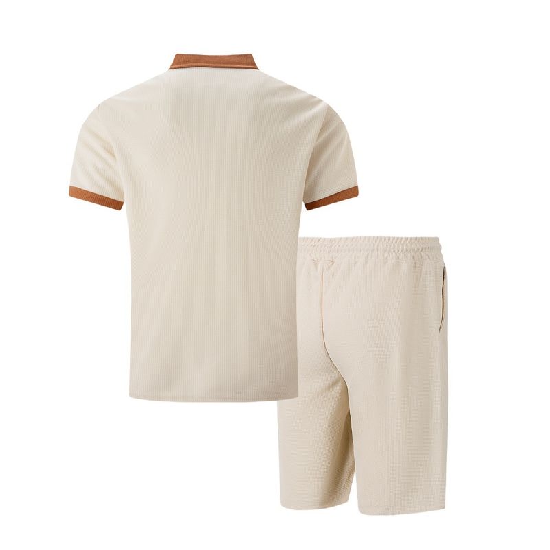 Men's Waffle-Knit Short Sleeve Suit - Lapel Collar & Chest Pocket Button-Up Shirt With Matching Shorts_voghion.com