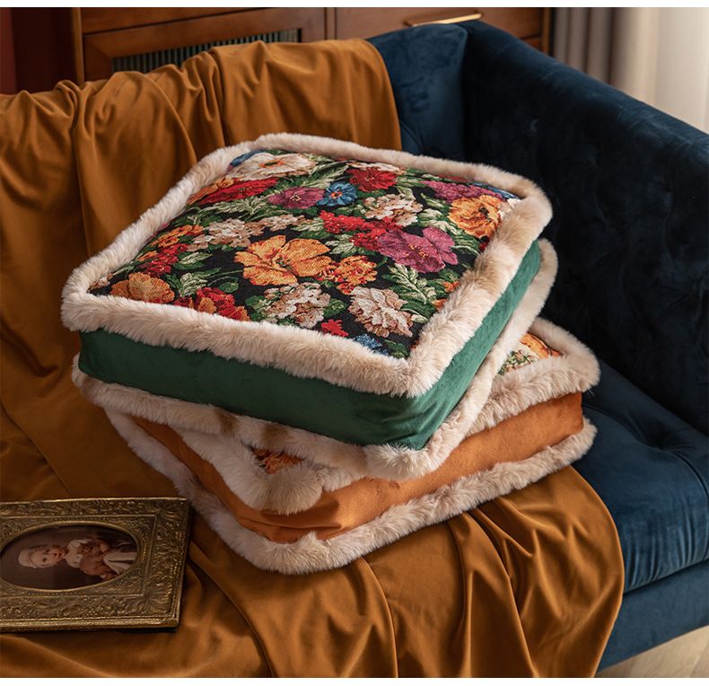 Premium Cotton-Linen Floor Cushion – Thick Square Seat Pad With Vintage Botanical Print (Non-Slip Base, Breathable PP Cotton Fill, Boho Chic Decor)_voghion.com