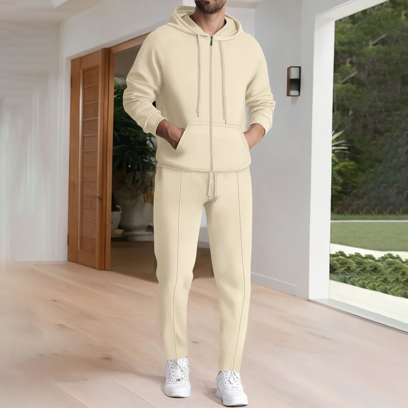 Herenkleding Wafelgebreide hoodie en joggingset - Fleece trainingspak met rits voor de winter, casual loungewear (zwart/grijs/kaki) - S-XXXL_voghion.com