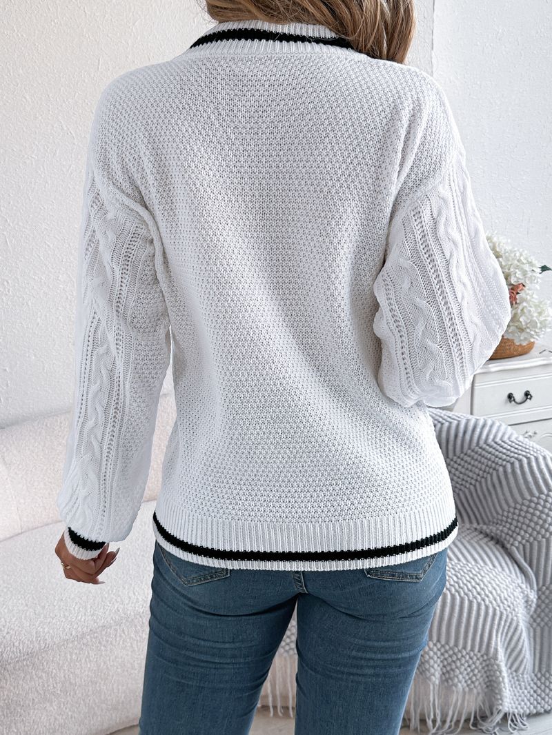 Maglione a maniche lunghe in maglia a trecce con scollo a V, stile college, autunno inverno 2025, moda donna_voghion.com