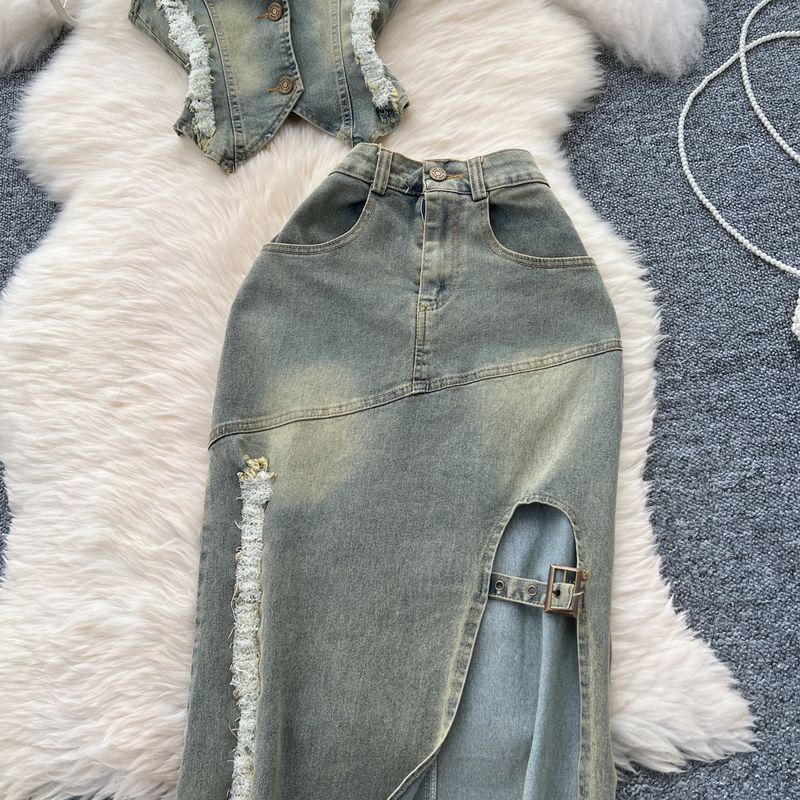 Women's Clothing Retro Washed Distressed Halter Neck Sleeveless Lapel Raw Edge Denim Top Slit Slim Skirt Two Piece Set_voghion.com