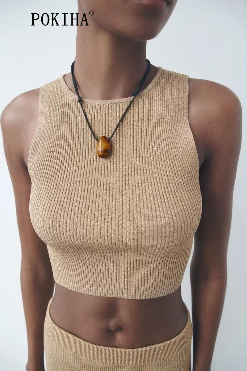Pokiha Moda Donna Canotte corte lavorate a maglia metallizzata e gonne longuette divise in vita elastica sottile Donna Chic in due pezzi_voghion.com