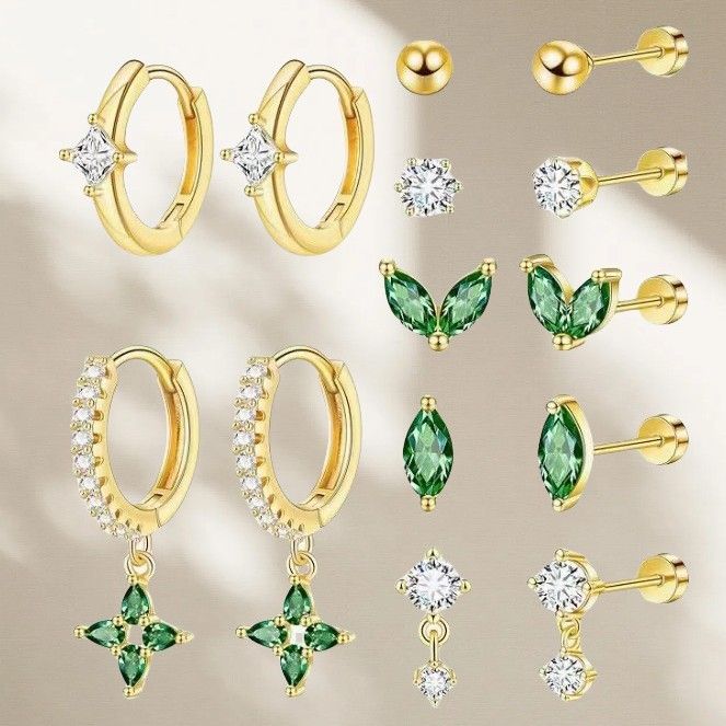 Set di tre eleganti orecchini da donna di lusso in zirconia placcati in vero oro e ottone, di alta qualità e di alta qualità._voghion.com