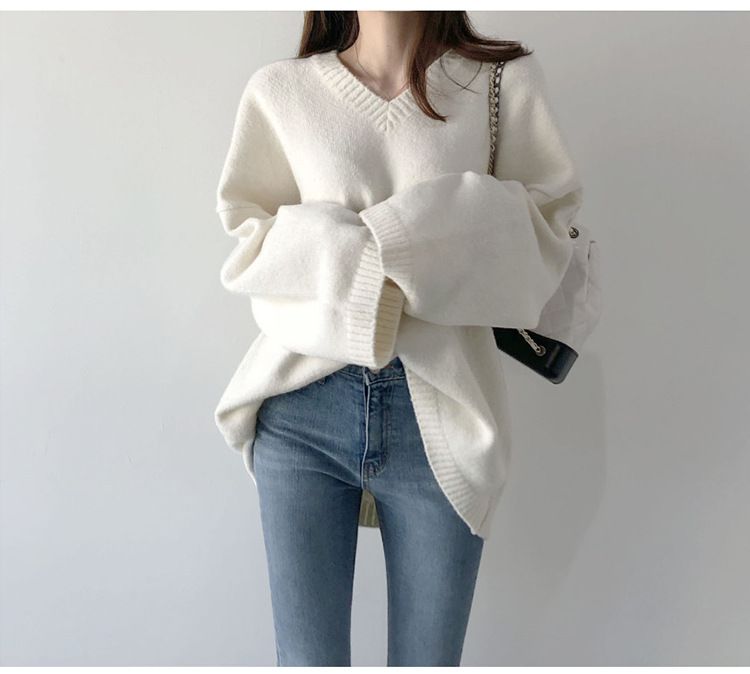 V-Neck Pullover Loose White Bottoming Knitted Sweater Autumn And Winter Lazy Style Outer Wear Black Sweater Women's Fash_voghion.com