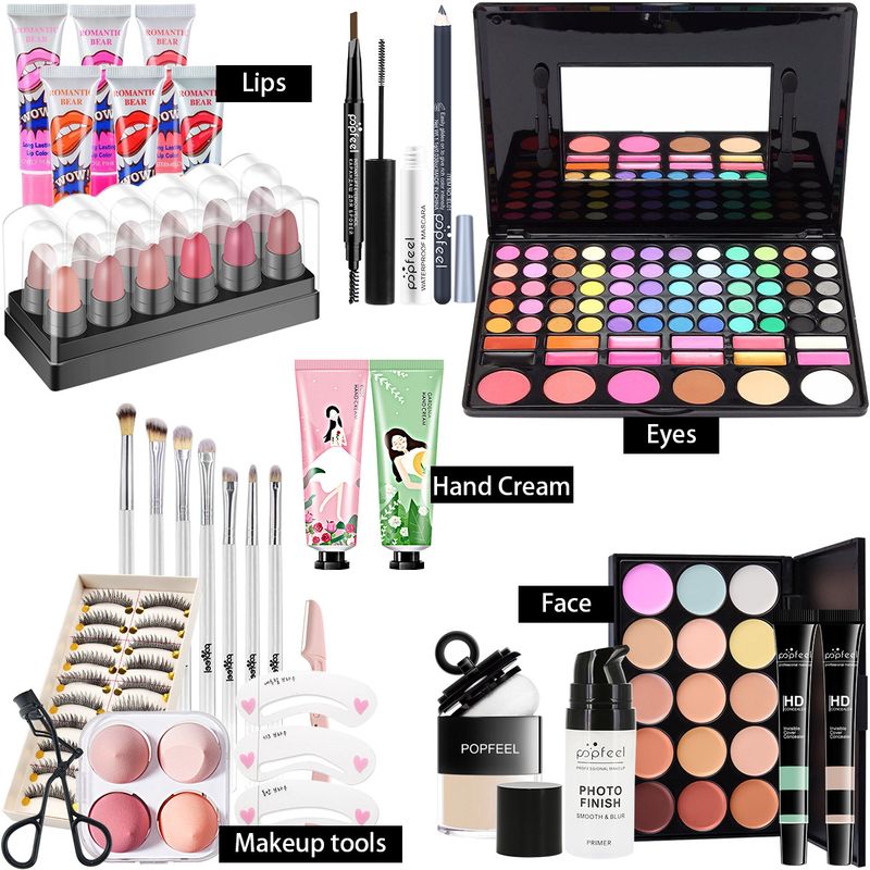 Caja sorpresa con combinación de maquillaje, sombra de ojos, lápiz labial, juego de brochas de maquillaje de base, color aleatorio_voghion.com
