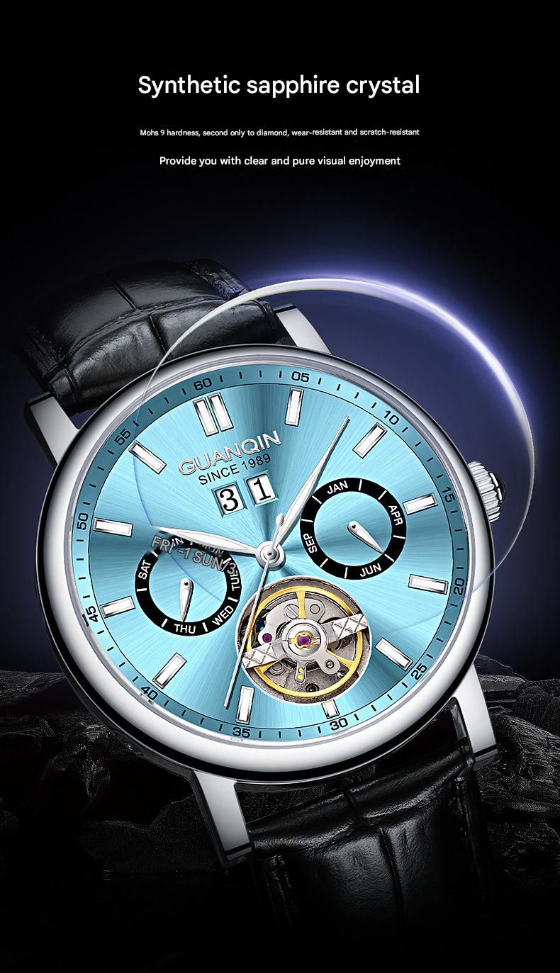 GUANQIN Tourbillon Mechanische Multifunktionale Luxus Herren Armbanduhr Leuchtend Wasserdicht Lederband Automatik Uhr Saphir_voghion.com