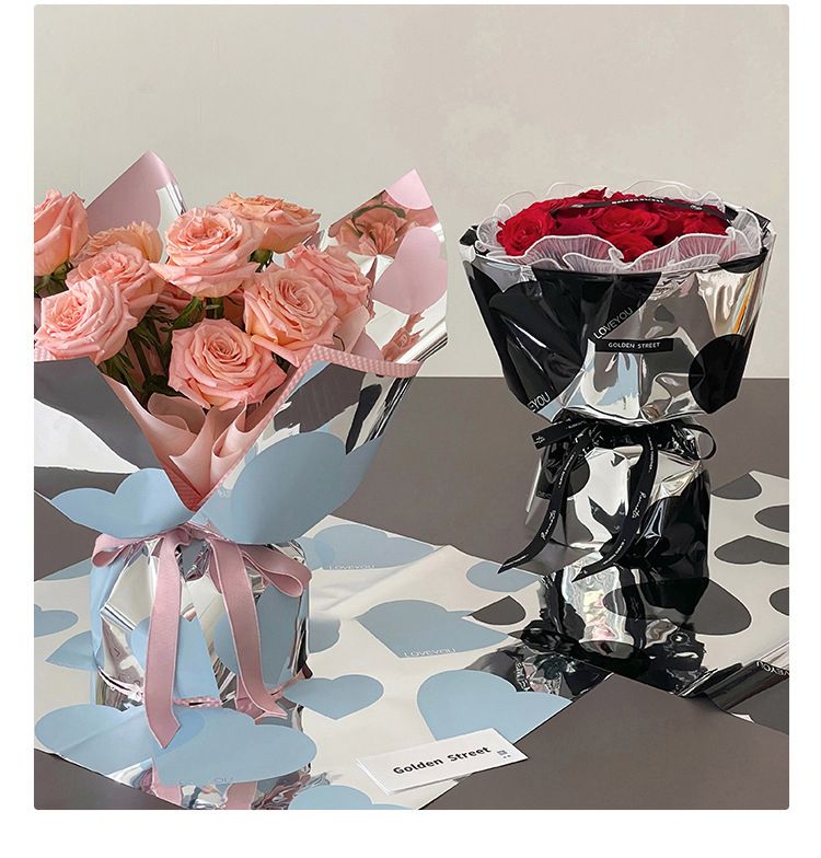 Bloem inpakpapier Cadeauboeket inpakmateriaal Spiegel Perzik Hart Kunstpapier Zilver Bloemig Metaal Gealuminiseerd Papier_voghion.com