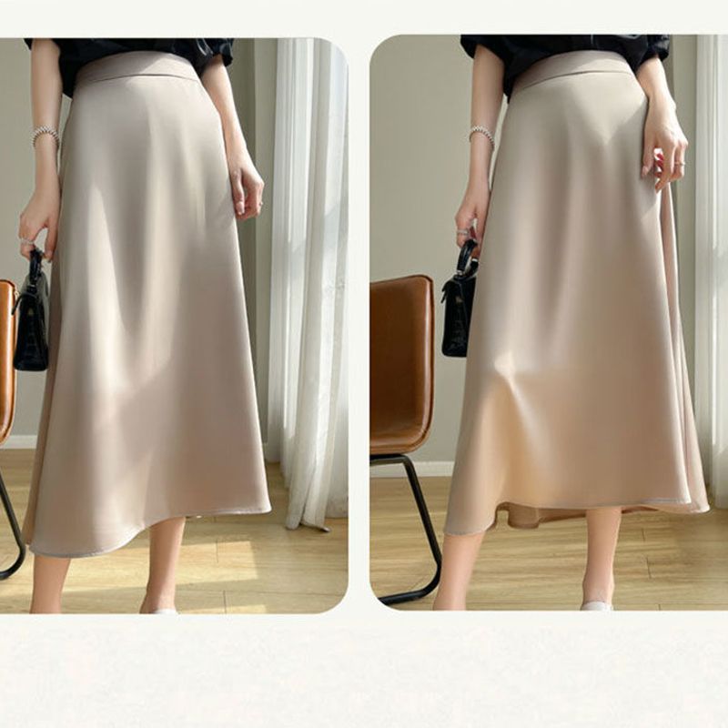 vendita calda donne conciso solido raso plissettato midi ragazze vintage medio elastico vestito femminile versatile confortevole gonne lunghe_voghion.com