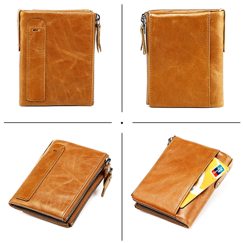 Genuine Leather Wallets for Women Men Small Rfid Wallet Short Bifold Card Holder Men's Wallet with 3 Zipper Pockets Coin_voghion.com