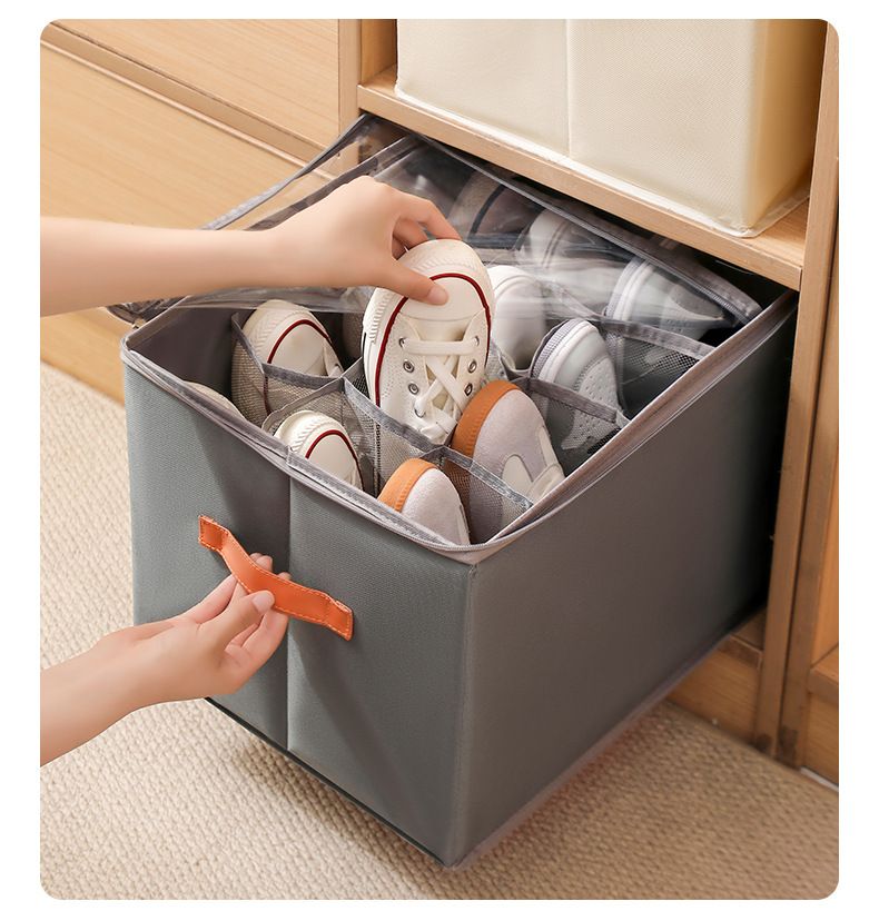 Boîte à chaussures pliable en tissu avec couvercle transparent – Organiseur respirant à compartiments multiples pour chaussures et accessoires (43 × 32 × 30 cm, lavable, empilable)_voghion.com
