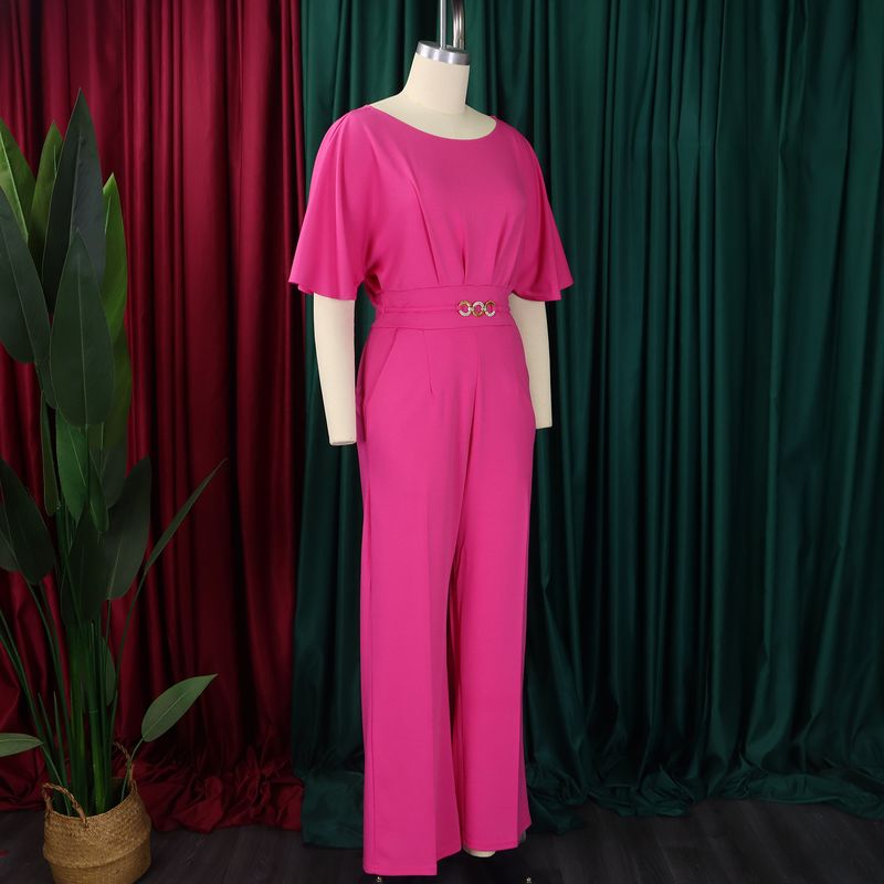 Roupas femininas moda verão feminina gola redonda cor sólida cintura alta tamanho grande perna larga macacão_voghion.com